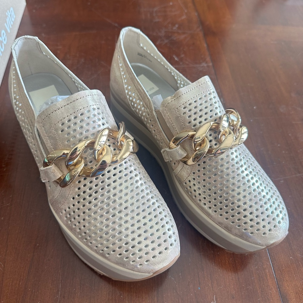 Dolce Vita Light Gold Loafers with Gold Chain